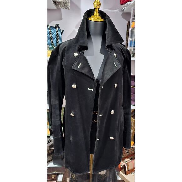 BURBERRY BLACK LABEL Velvet Napoleon Pea Coat Silver Button Men's - Picture 2 of 16